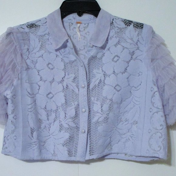 Free People Madonna Cropped Lace Blouse Ruffle Sleeves Top Small $98 - Picture 3 of 7